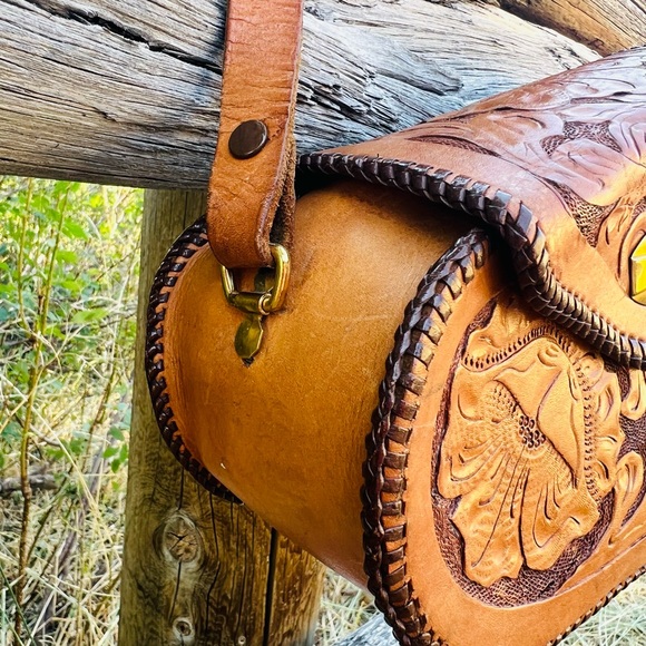 Vintage 1970’s Hand Tooled Floral Leather Western Boho Structure Mini Bag Purse - Picture 5 of 8